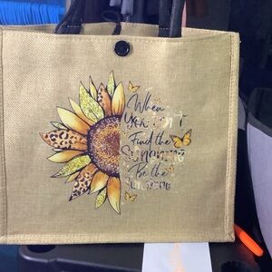 Sunflower Graphic Jute Tote Bag in Natural Gold